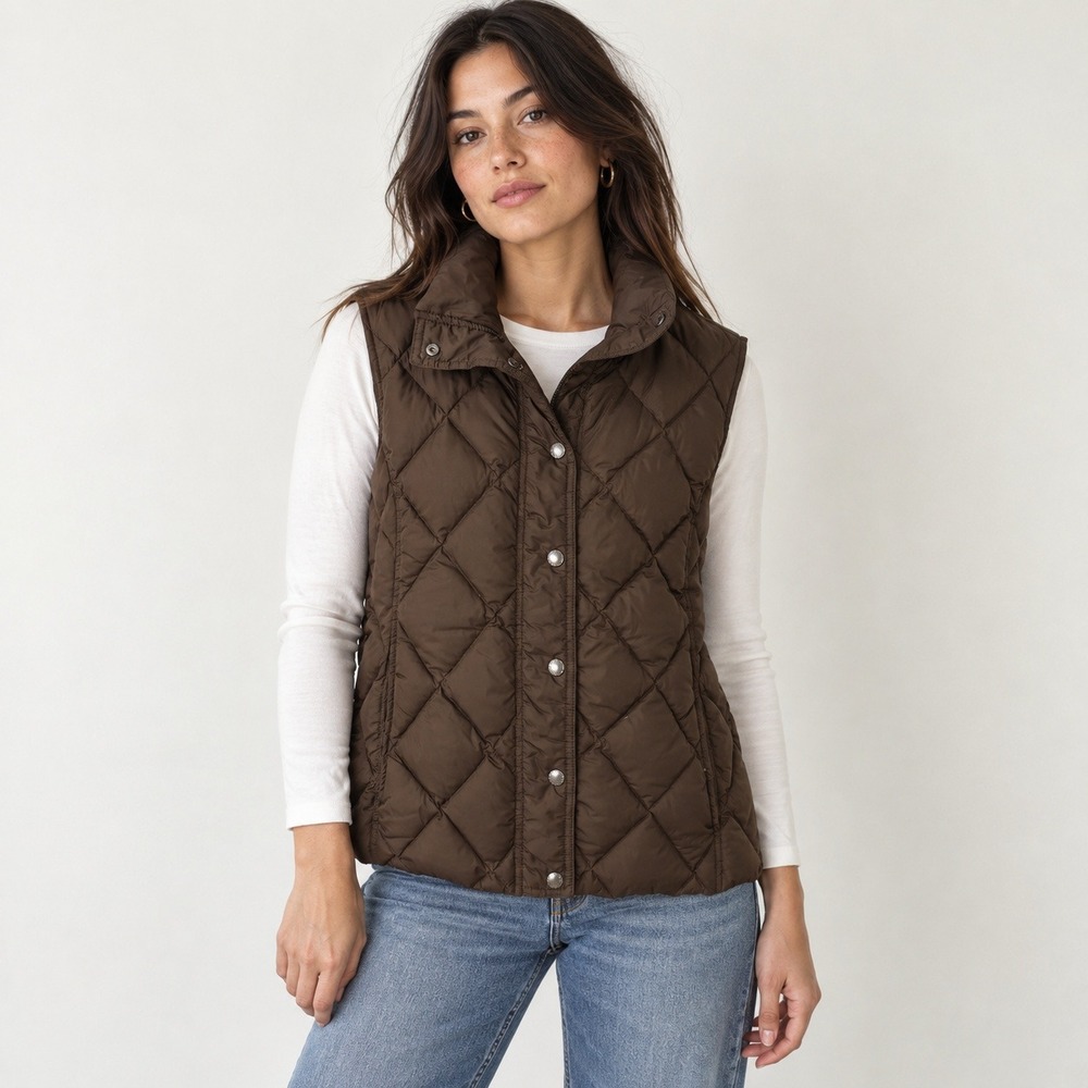 Lands End Womens Brown Down Puffer Vest Size S Quilted Outdoor Classic Gorpcore
